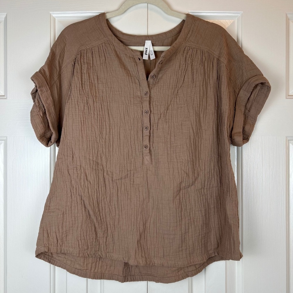 Pact Organic Cotton Gauze Henley Top Brown Short Sleeve Blouse Medium